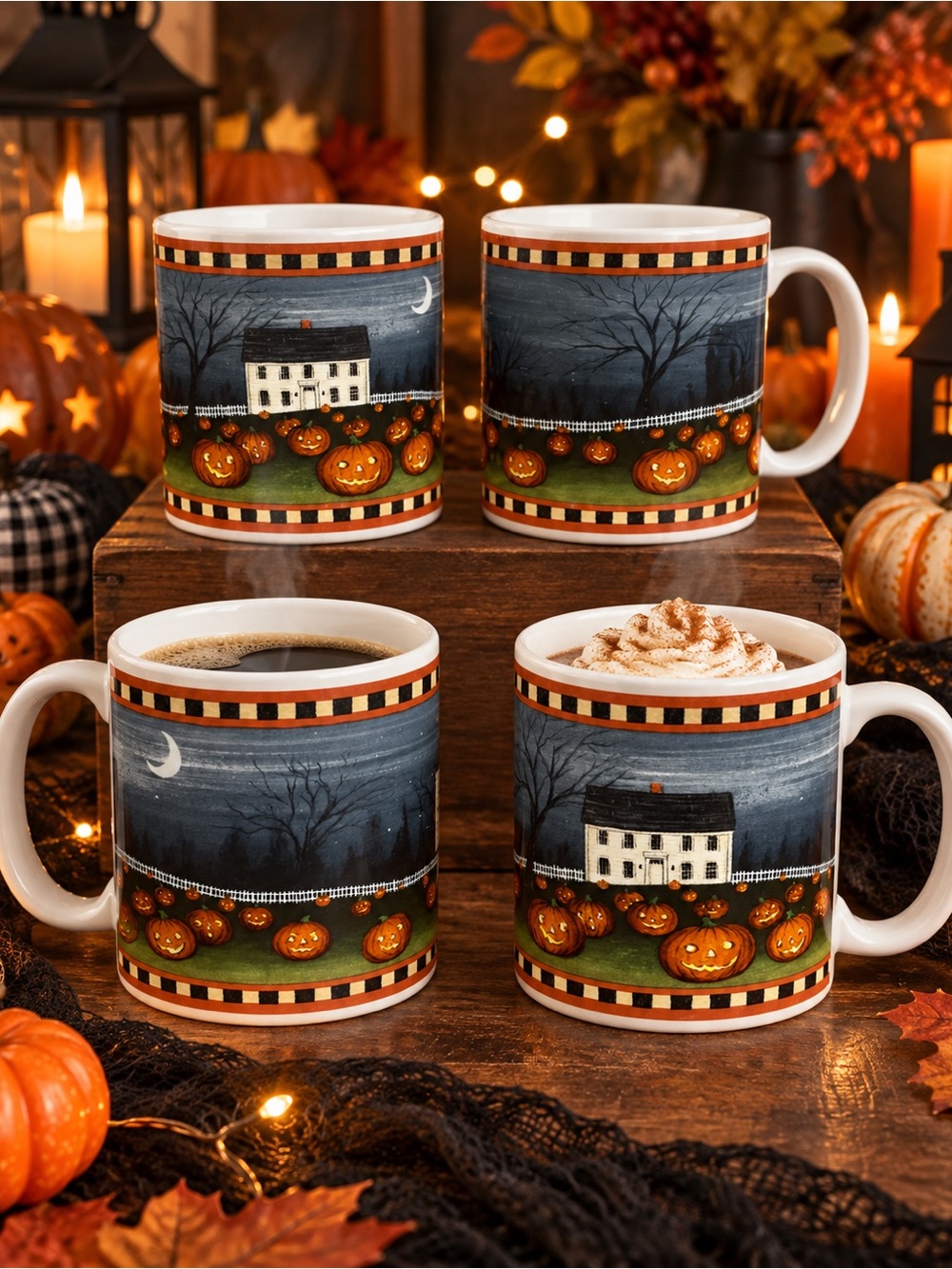 Vintage 2001 David Carter Brown Pumpkin Hollow Halloween Mugs Set of 4